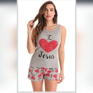 Women's Gray and Red 'I Love Jesus' Sleepwear Set